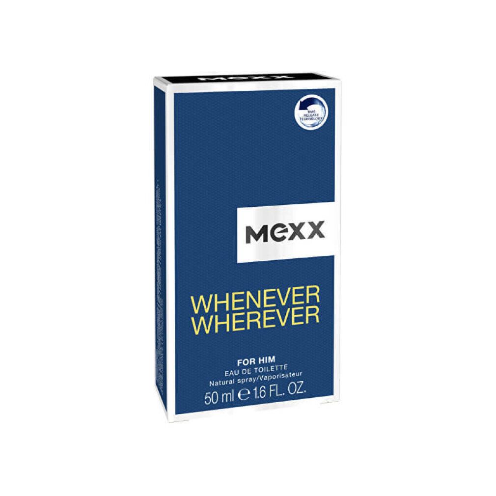 Kartonverpackung mit MEXX, Whenever Wherever, For Him. 50 ml. Blaue Verpackung mit weißem Logo.