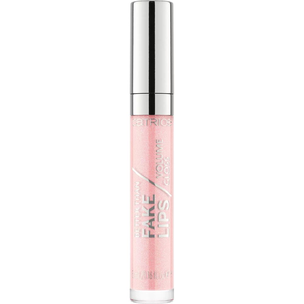 Lipgloss mit silbernem Deckel. Aufschrift: Besser als Fake Lips. Rosa schimmernde Textur.