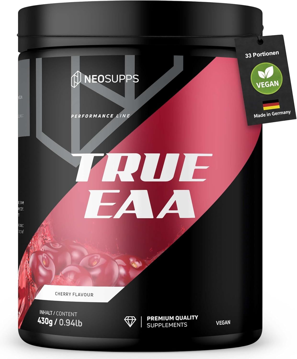 Schwarze Dose TRUE EAA mit rotem Etikett. Kirsch-Aroma. Text: 430g/0.94lb. Vegan-Siegel. Made in Germany. 33 Portionen. Aufschrift: PREMIUM QUALITY SUPPLEMENTS.