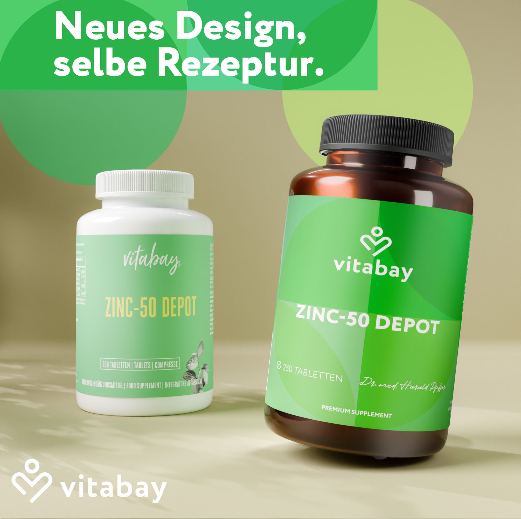 Zwei Flaschen Vitabay Zink-50 DEPOT. Eine weiße und eine braune Flasche. Text: Neues Design, selbe Rezeptur.