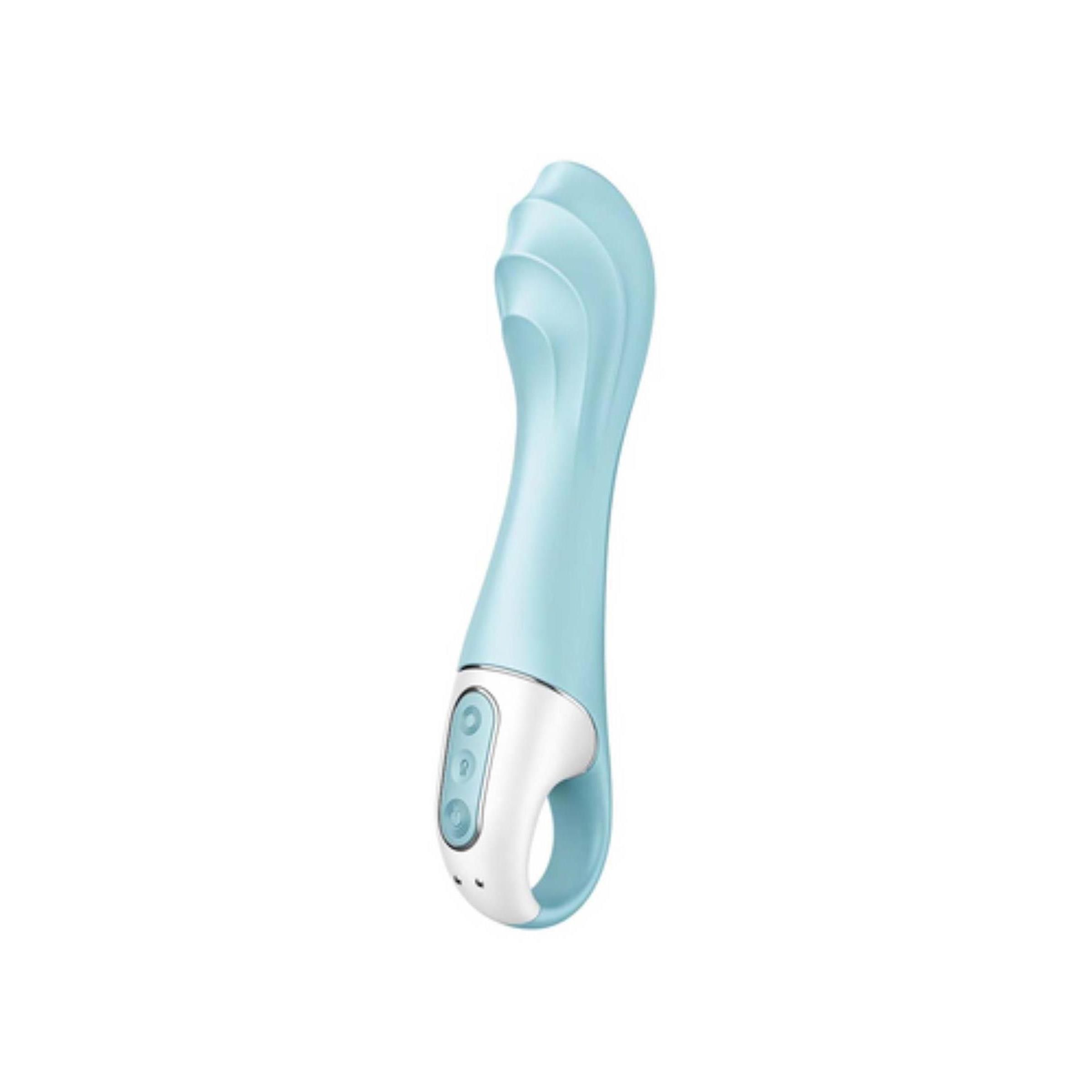 Blau-weißer Vibrator mit Ring. Oben geriffeltes Design, zwei Knöpfe. Ringförmige Basis.