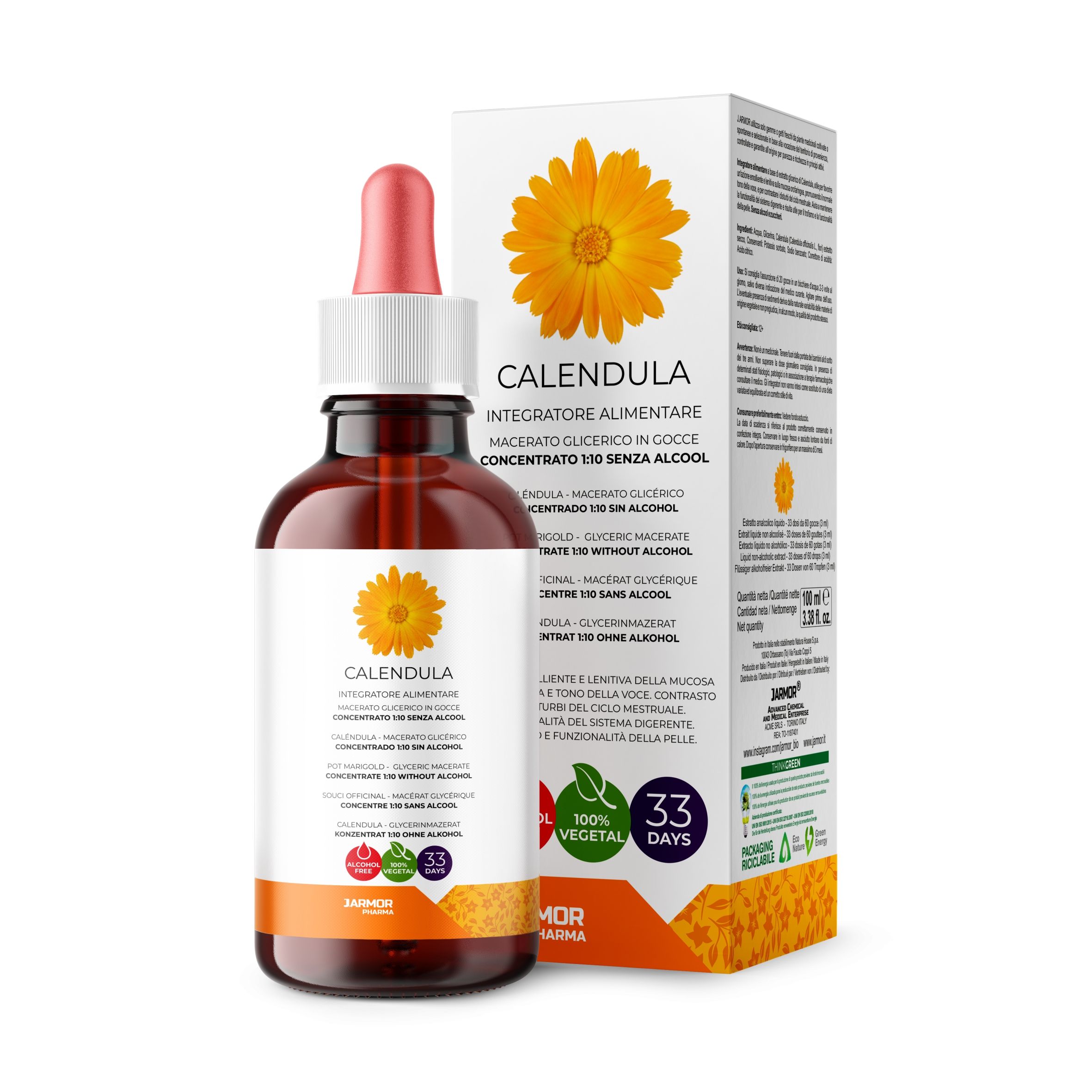 Calendula in gocce Macerato Glicerico  100% Analcoolico, Integratore alimentare 100 ml