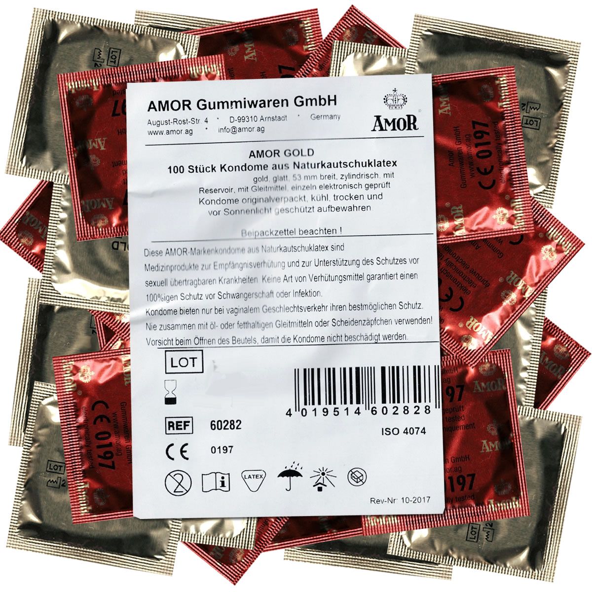 Verpackung von Amor Gold Kondomen. Enthält 100 Stück. Mit CE-Kennzeichnung und ISO 4074.