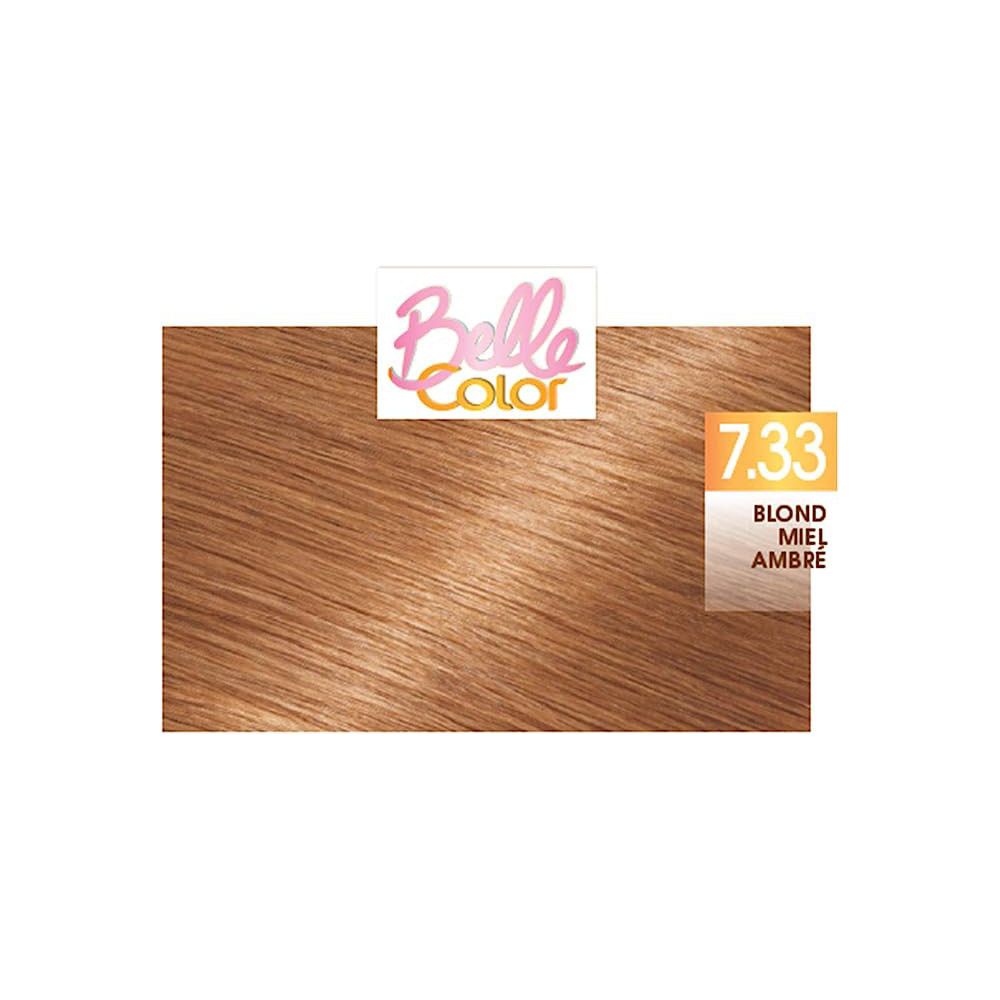 Haarfarbe-Test. Farbton 7.33 Blond Miel Ambré. Belle Color Logo. Helles, braunes Haar.