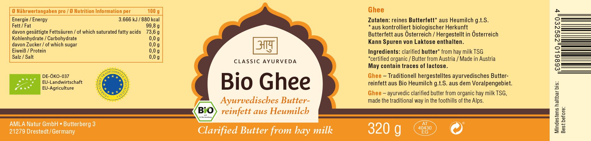 Detailansicht des Etiketts. Text: "Bio Ghee", "Classic Ayurveda", Bio-Siegel. Nährwertangaben und Barcode.