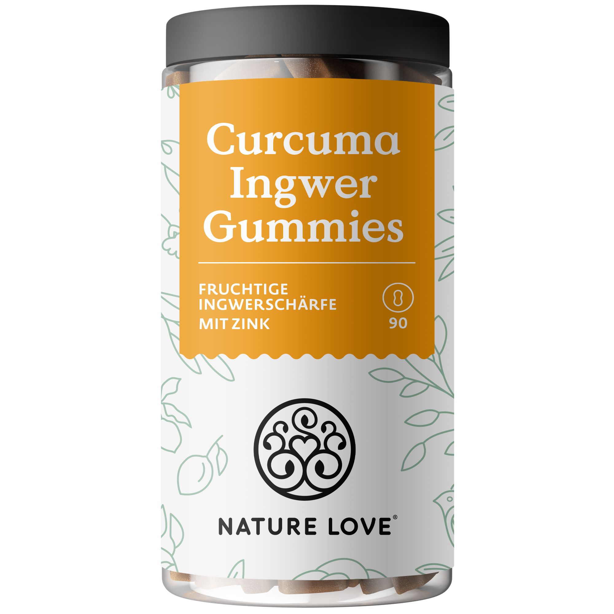 NATURE LOVE® Curcuma Ingwer Gummies in einem Glas. Aufschrift: Curcuma Ingwer Gummies, fruchtige Ingwerschärfe mit Zink. 90 Stück.