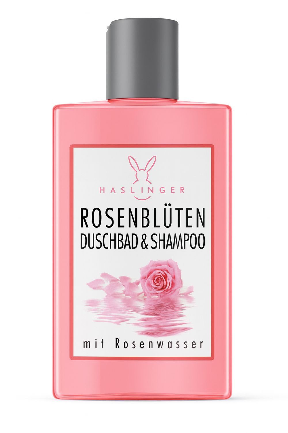 Rosa Flasche mit grauem Deckel. Aufkleber mit Text: Rosenblüten Duschbad & Shampoo, Rose und Haslinger Logo.