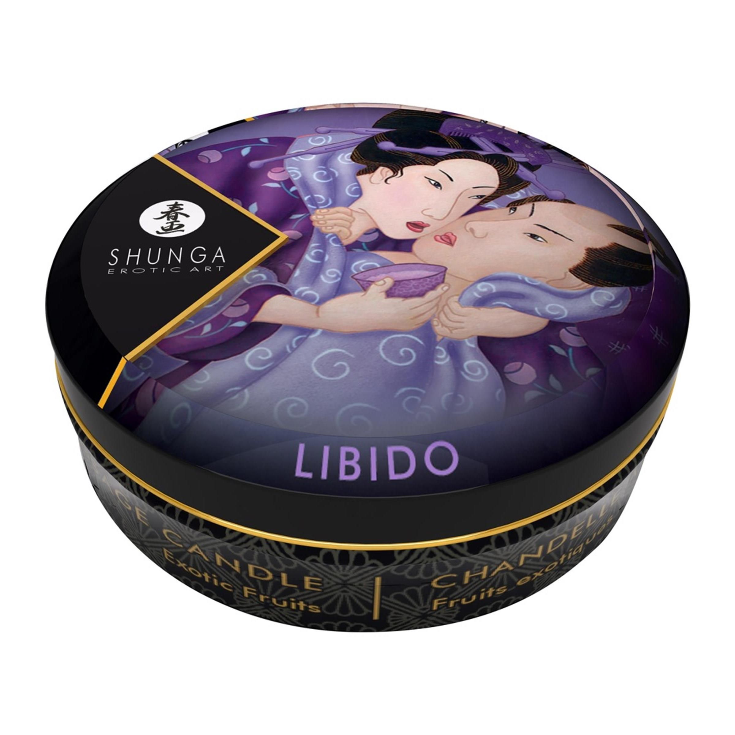 Runde Dose mit Deckel, "Libido" Aufschrift und erotischer Kunst.