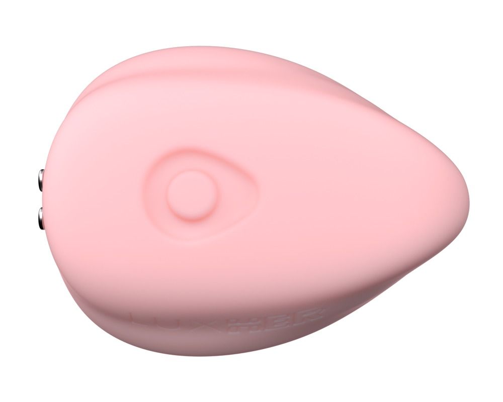 Rosa Stimulator mit ovaler Form. Oben ist ein rundes Bedienelement zu sehen. Zwei kleine Knöpfe.