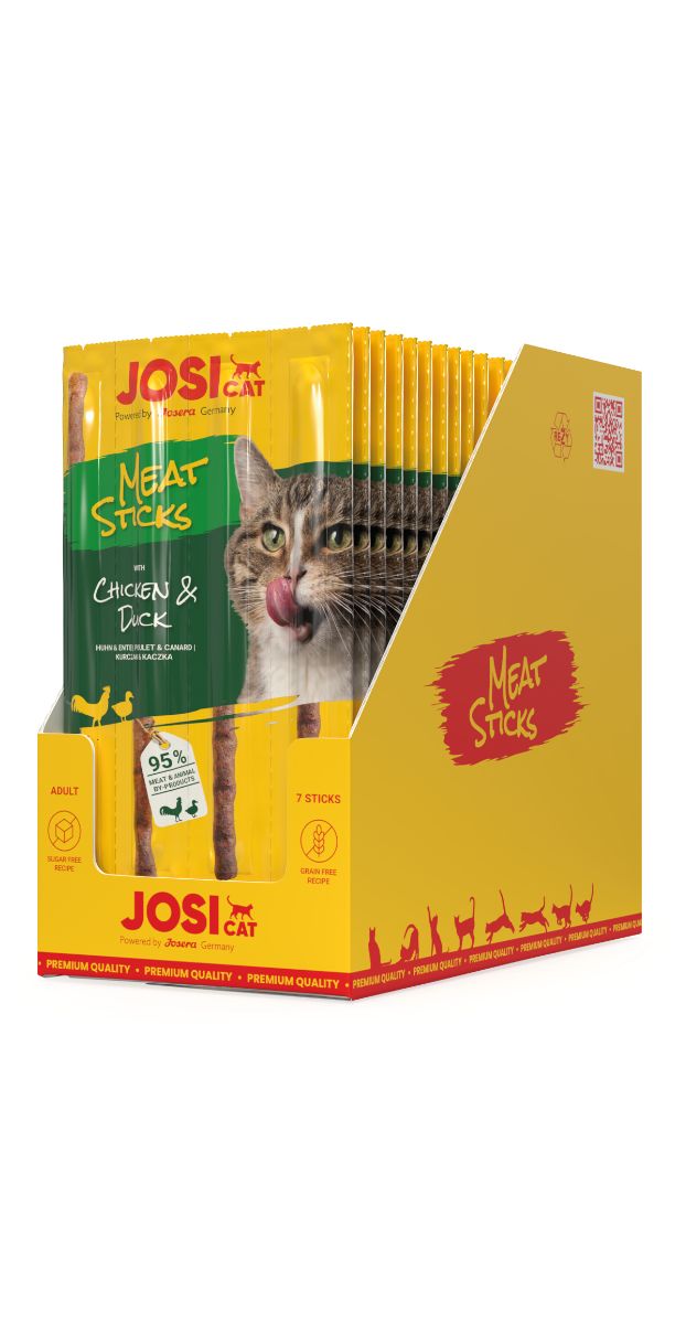JosiCat Meat Sticks Huhn & Ente in einer Verkaufsbox.