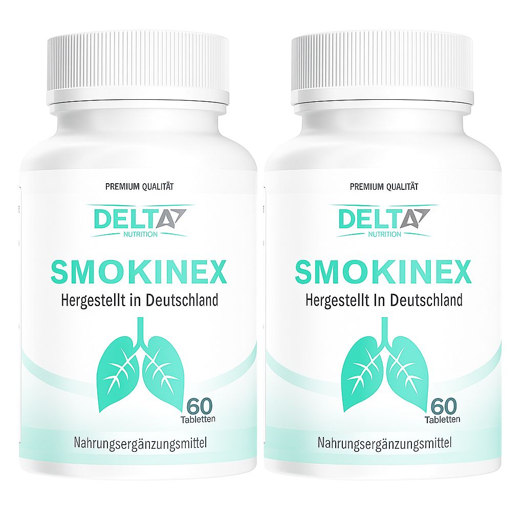 Zwei weiße Tablettenflaschen mit Aufschrift SMOKINEX, hergestellt in Deutschland. Enthält 60 Tabletten. Nahrungsergänzungsmittel.