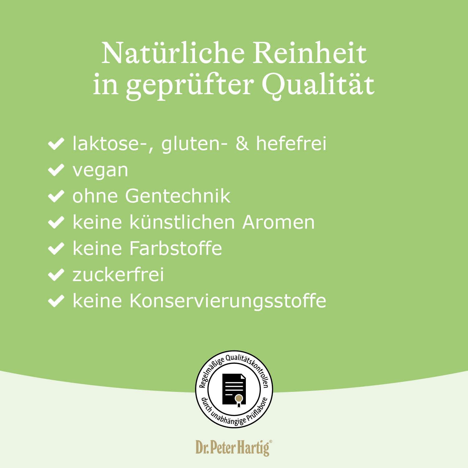 Grüner Hintergrund mit Text: "Natürliche Reinheit in geprüfter Qualität". Auflistung: laktose-, gluten-, hefefrei, vegan, etc.