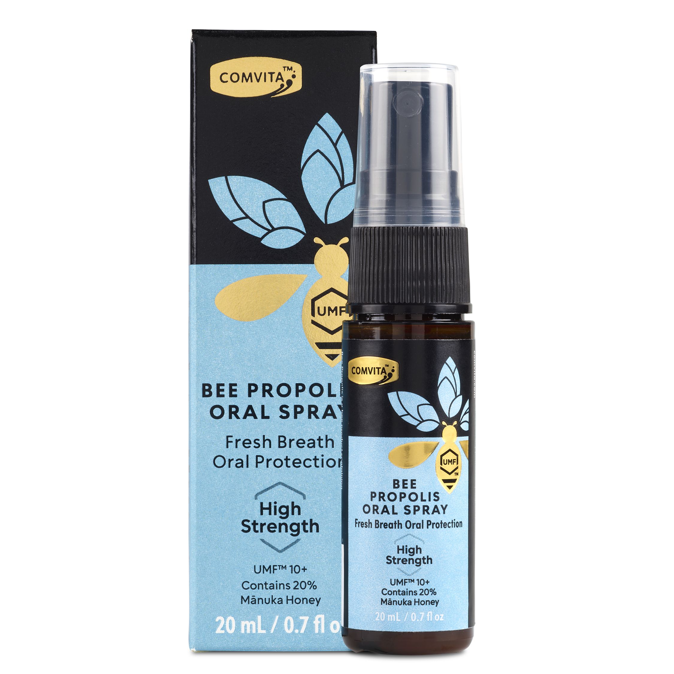 Propolis-Mundspray mit Verpackung. Flasche mit Sprühkopf, blaue und goldene Akzente. Text: "High Strength", "UMF 10+".