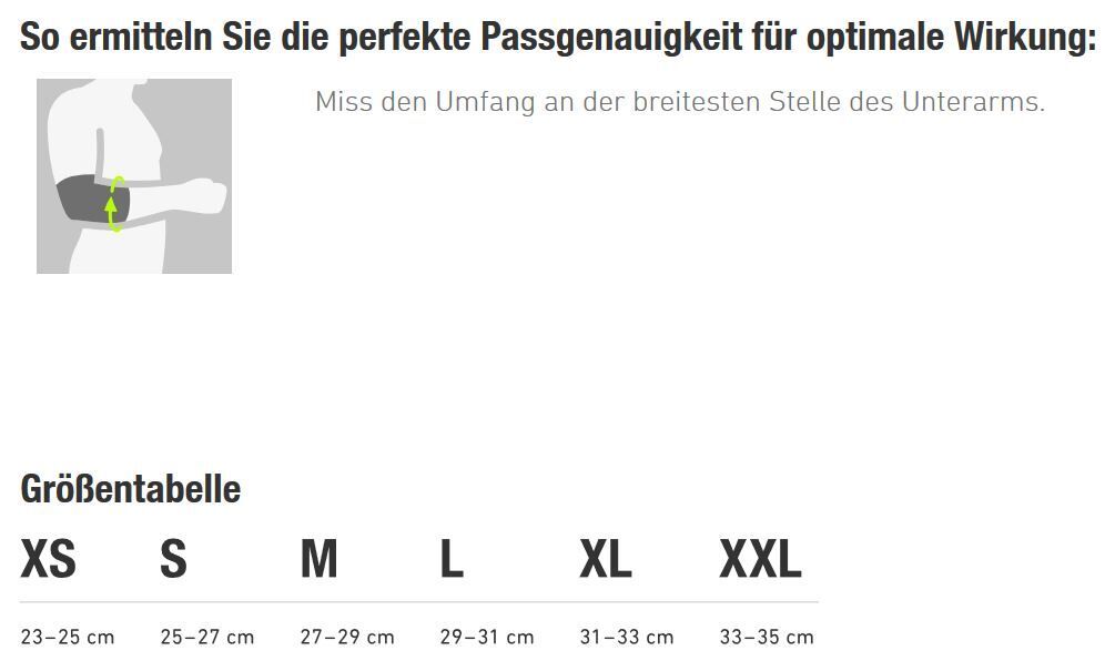 Größentabelle für Ellenbogenbandage. Größen: XS (23-25 cm), S (25-27 cm), M (27-29 cm), L (29-31 cm), XL (31-33 cm), XXL (33-35 cm).