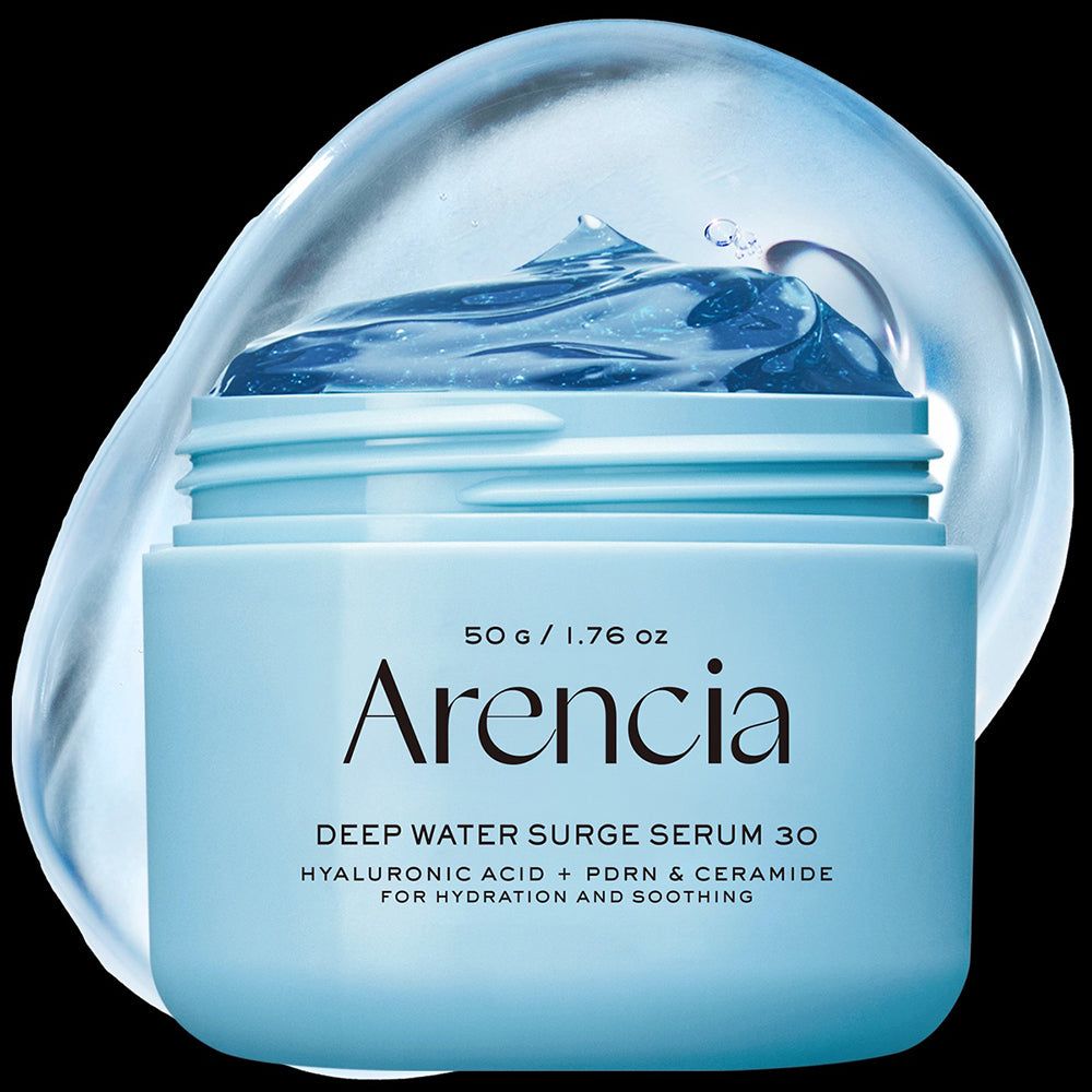 Hellblaue Dose mit 50g Arencia Deep Water Surge Serum 30, Hyaluronsäure + PDRN & Ceramid.