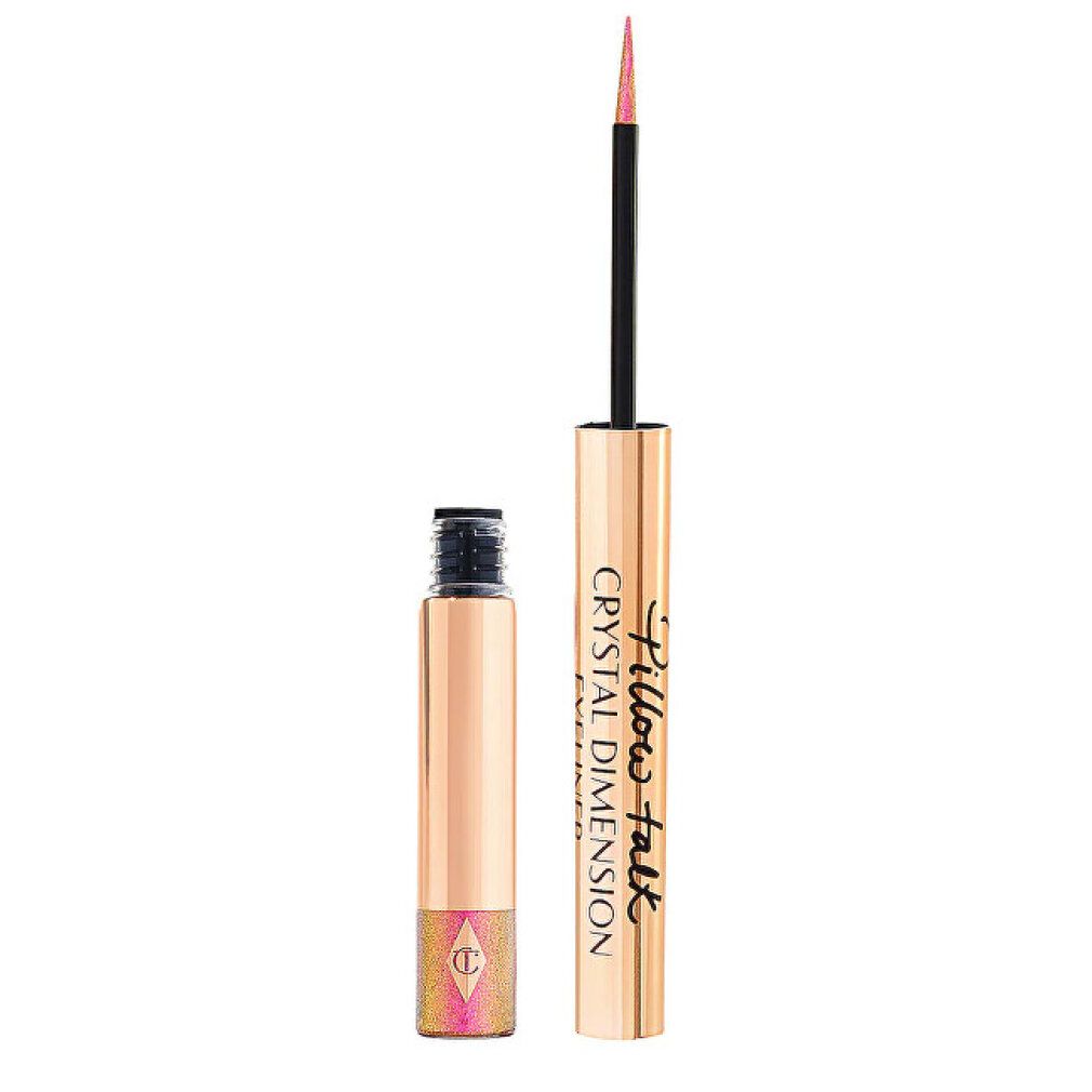 Goldener Eyeliner-Stift mit geöffneter Kappe. Rosa Spitze. Produktname und Marke sichtbar.