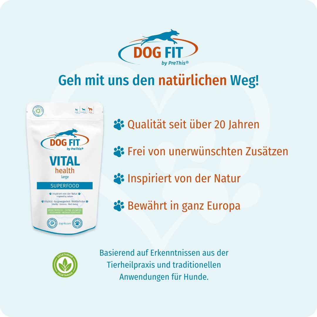 Produktverpackung DOG FIT VITAL health. Text: Qualität seit über 20 Jahren, frei von Zusätzen, inspiriert von Natur, bewährt in Europa.