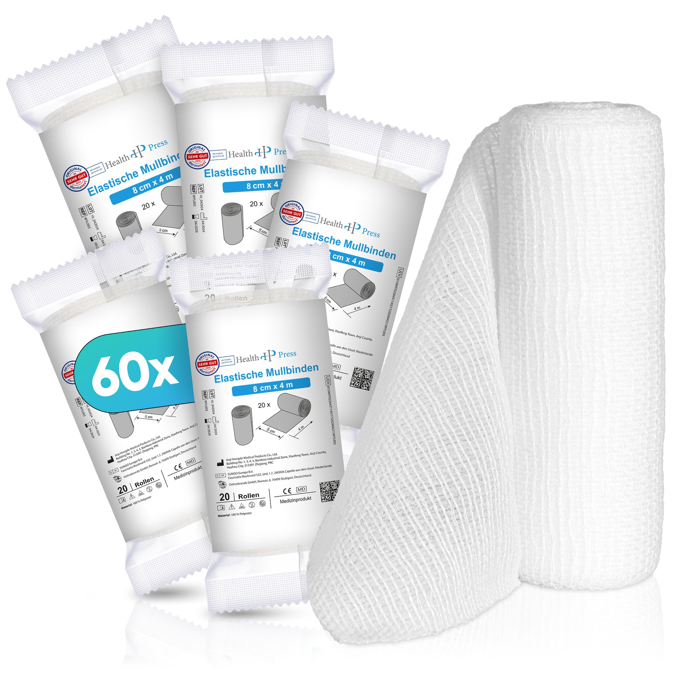 Health Press Mullbinde elastisch – 8 cm x 4 m Elastische Mullbinden zur Fixierung 60 St Binden
