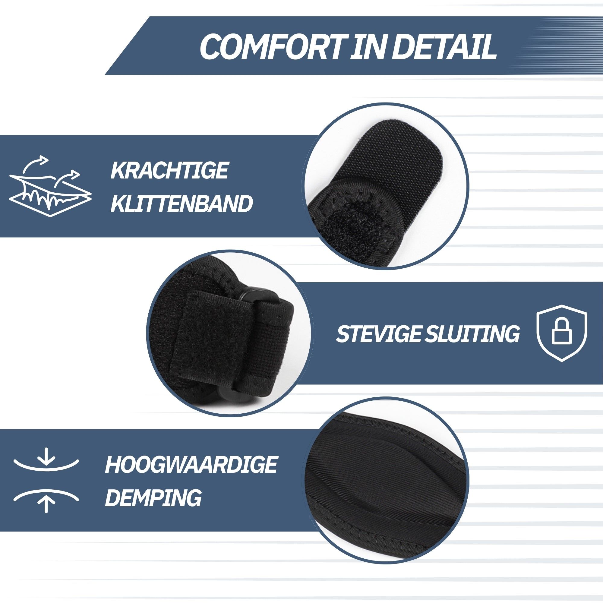 Details einer schwarzen Ellbogenbandage: Starker Klettverschluss, feste Schließe, hochwertige Polsterung.