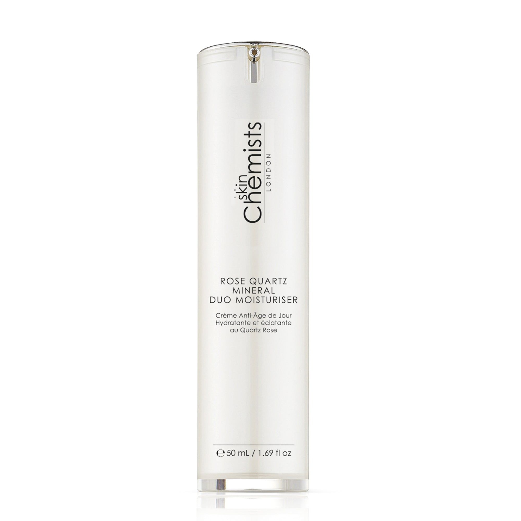 Zylindrische Flasche mit Aufschrift 'skinChemists LONDON'. Text: 'Rose Quartz Mineral Duo Moisturiser'. Unten: '50 ml / 1.69 fl oz'.