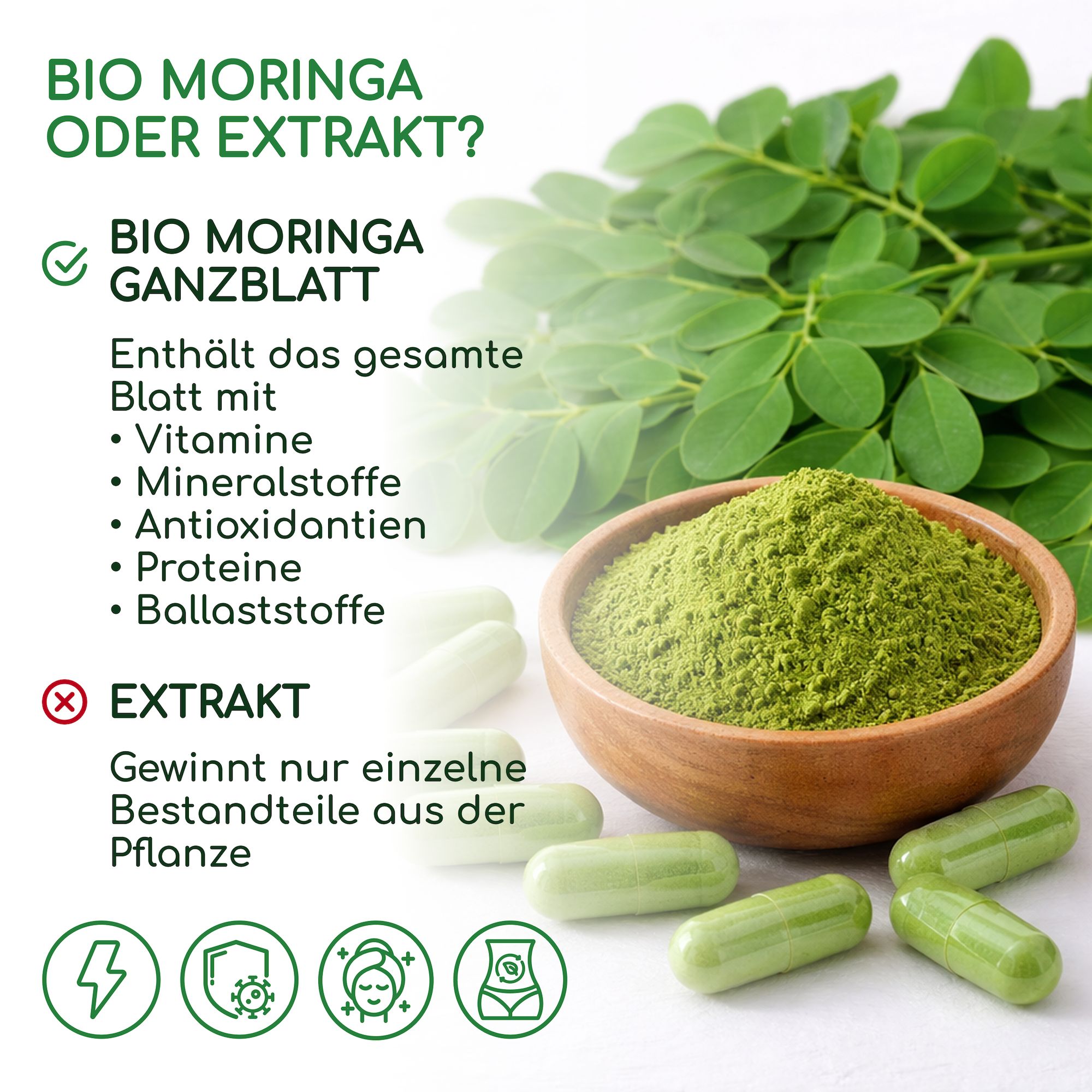 RAIBU - Bio Moringa Kapseln hochdosiert 2400 mg - vegane, laborgeprüft, glutenfrei & laktosefrei