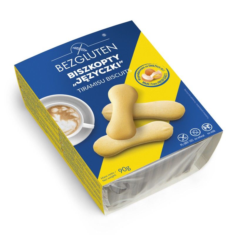 Verpackung mit glutenfreien Biskotten. Blaue und gelbe Verpackung mit Produktnamen und Logo. Einige Kekse sind sichtbar.