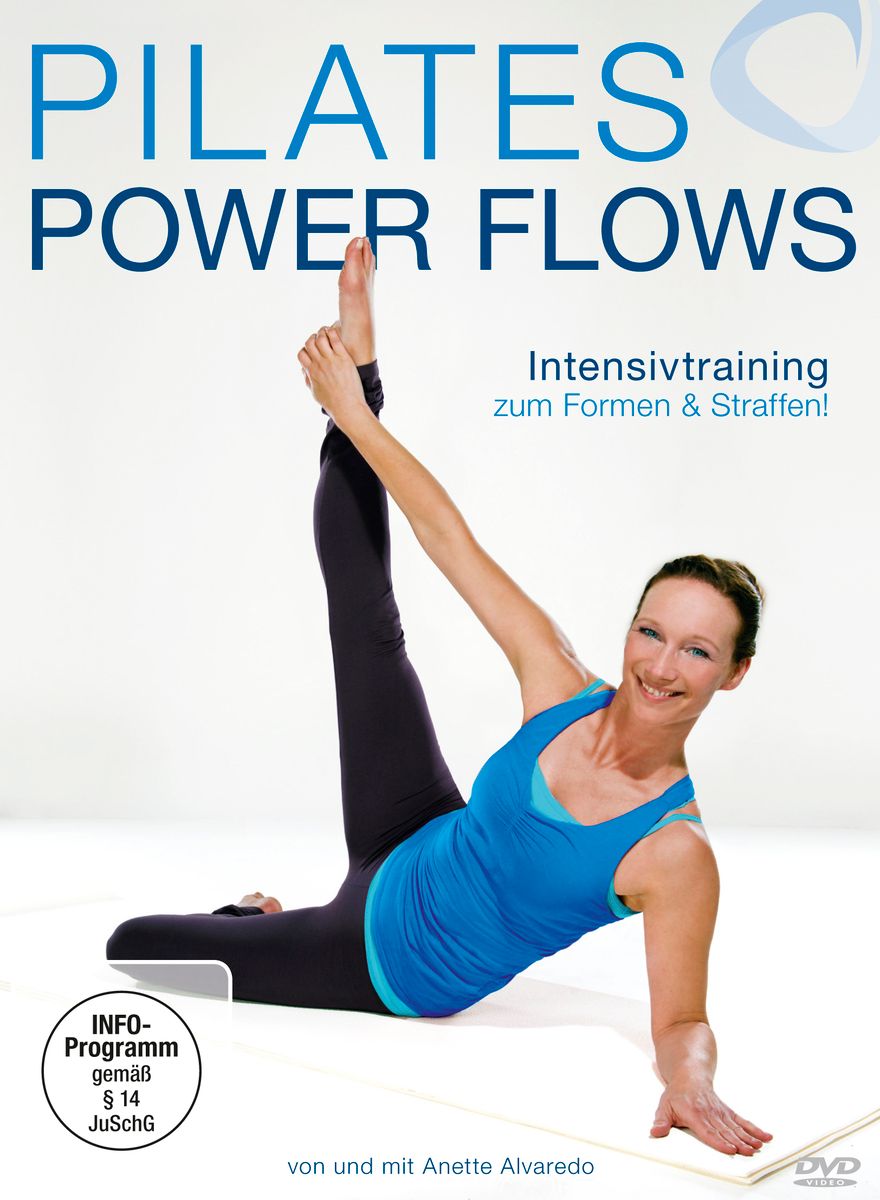 DVD-Cover mit Frau in Pilates-Pose. Titel: Pilates Power Flows Intensivtraining. Text: zum Formen & Straffen! Mit Anette Alvaredo.