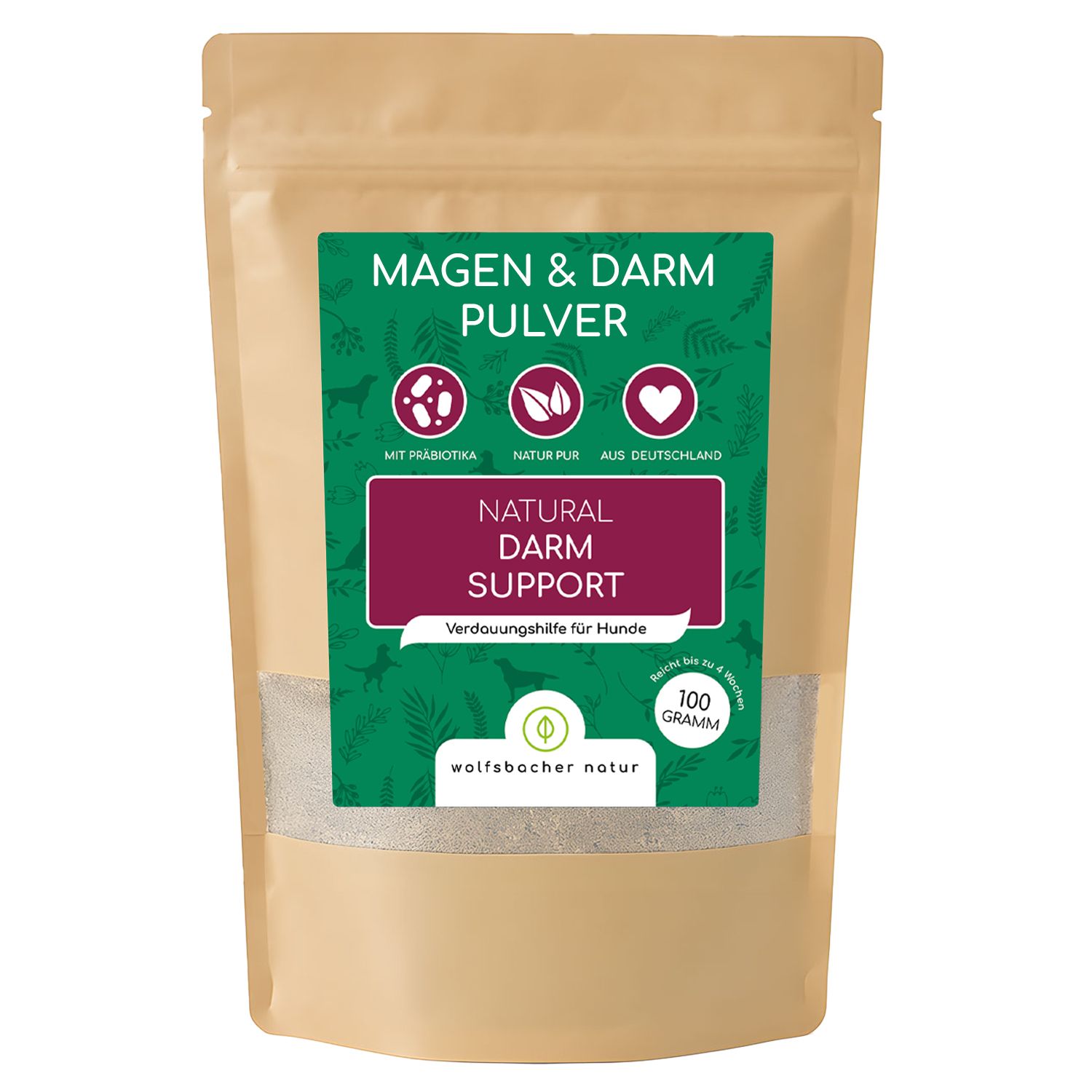 Beutel mit "Magen & Darm Pulver"-Aufdruck. Grün-weißes Etikett mit Produktinformationen. "Natural Darm Support" und "100 Gramm" sichtbar.