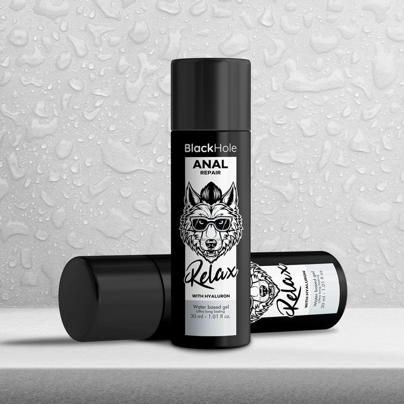 Schwarze Flasche mit BlackHole Anal Repair Gel, Wasserbasiertes Gel mit Hyaluron.