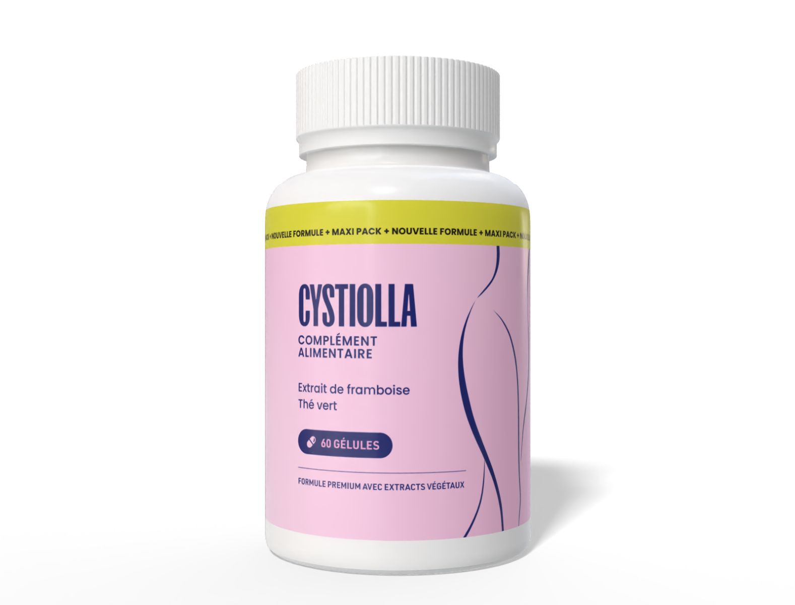 Weiße Flasche mit rosa Etikett. Aufschrift: Cystiolla, complément alimentaire, extrait de framboise, thé vert, 60 gélules.