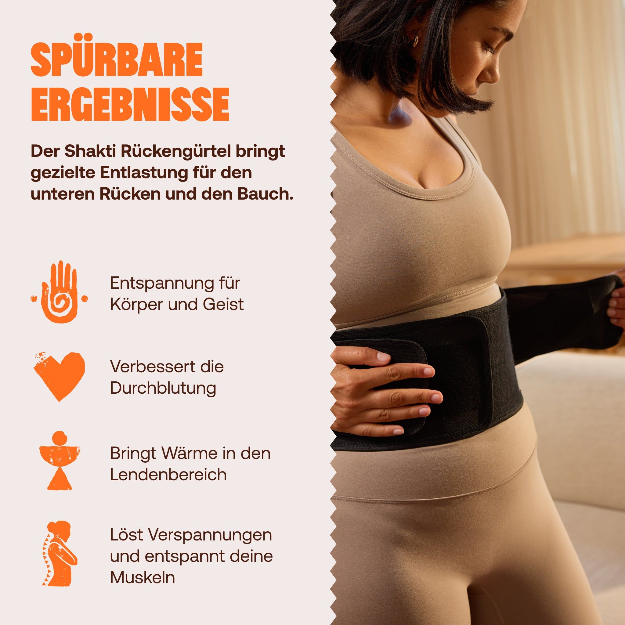 Frau trägt einen schwarzen Akupressur-Gürtel um den Bauch und unteren Rücken.