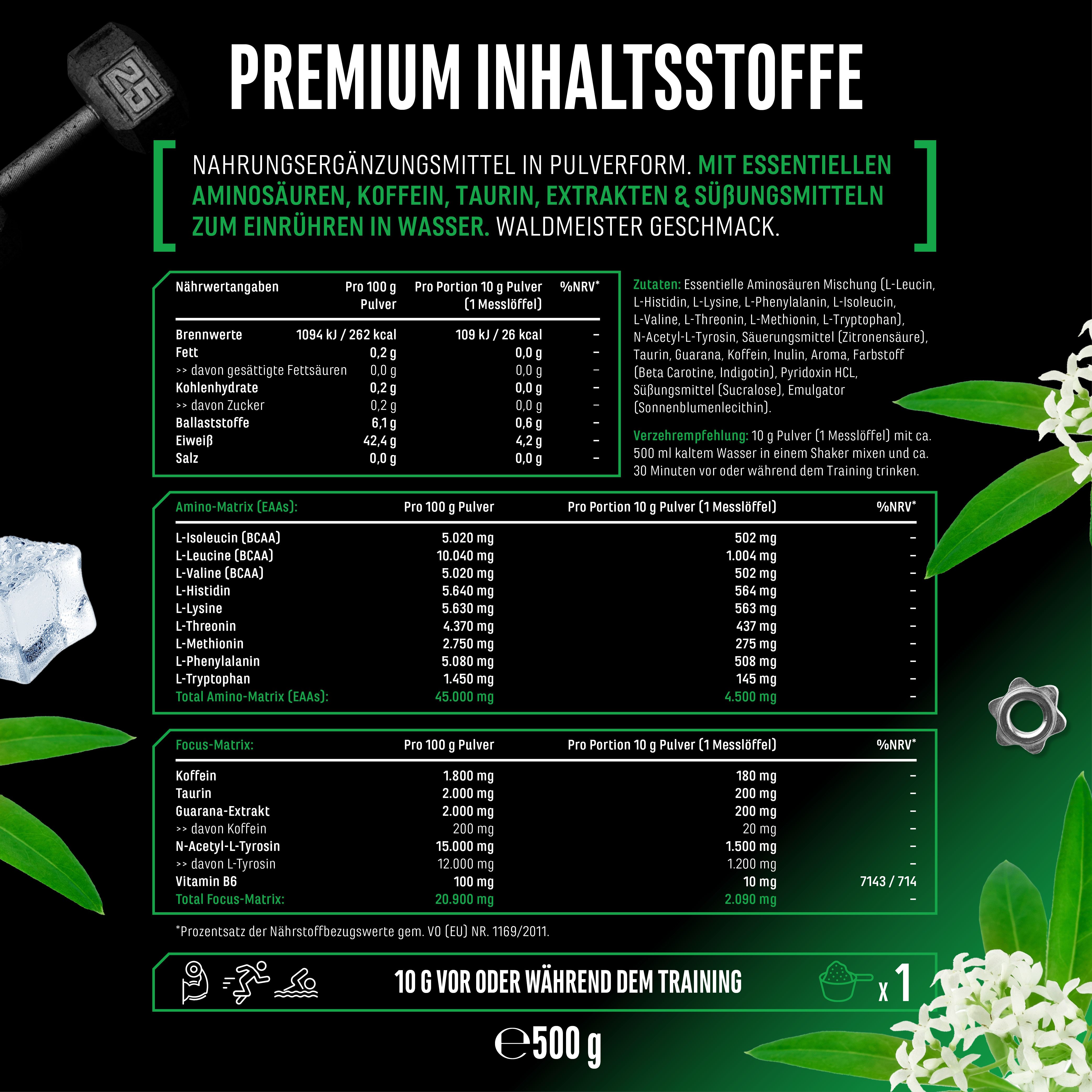 Nährwerttabelle in Pulverform. Enthält Aminosäuren, Koffein, Taurin, Extrakte. Waldmeister Geschmack. 10g Portionen.