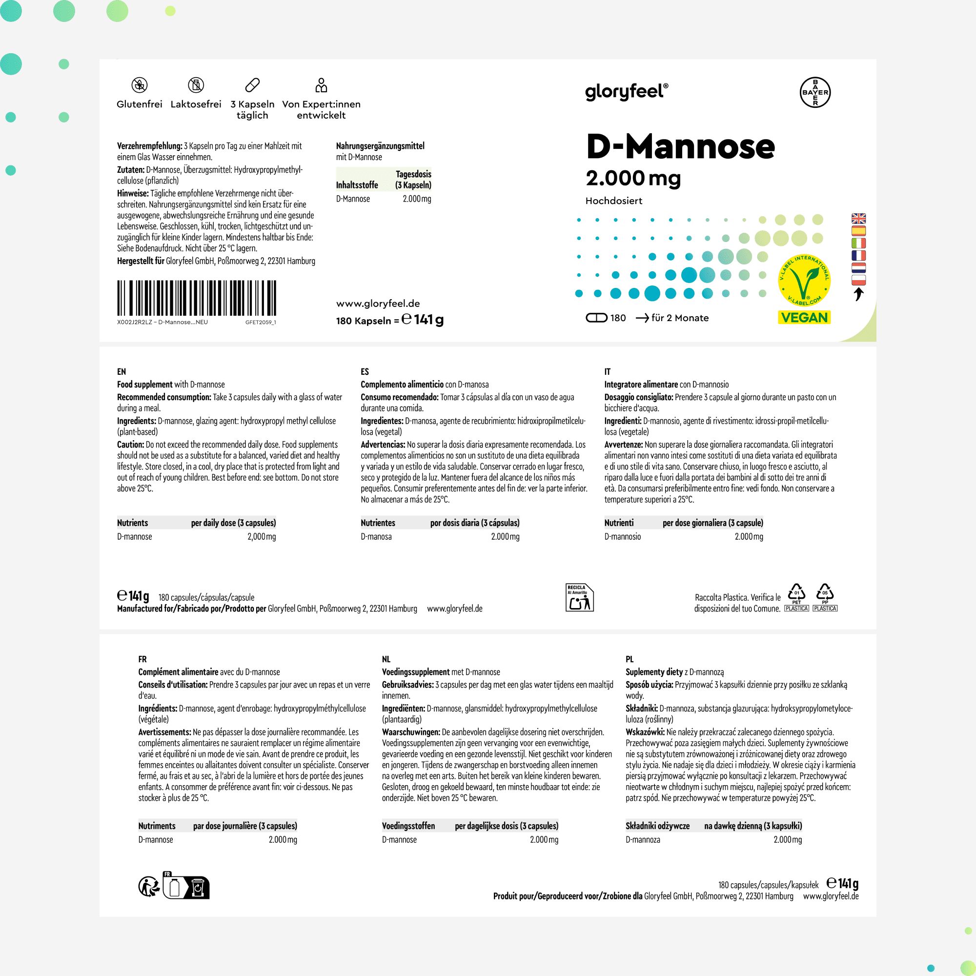 Etikett mit Informationen in verschiedenen Sprachen. Weißes Pillenglas mit D-Mannose 2.000 mg.