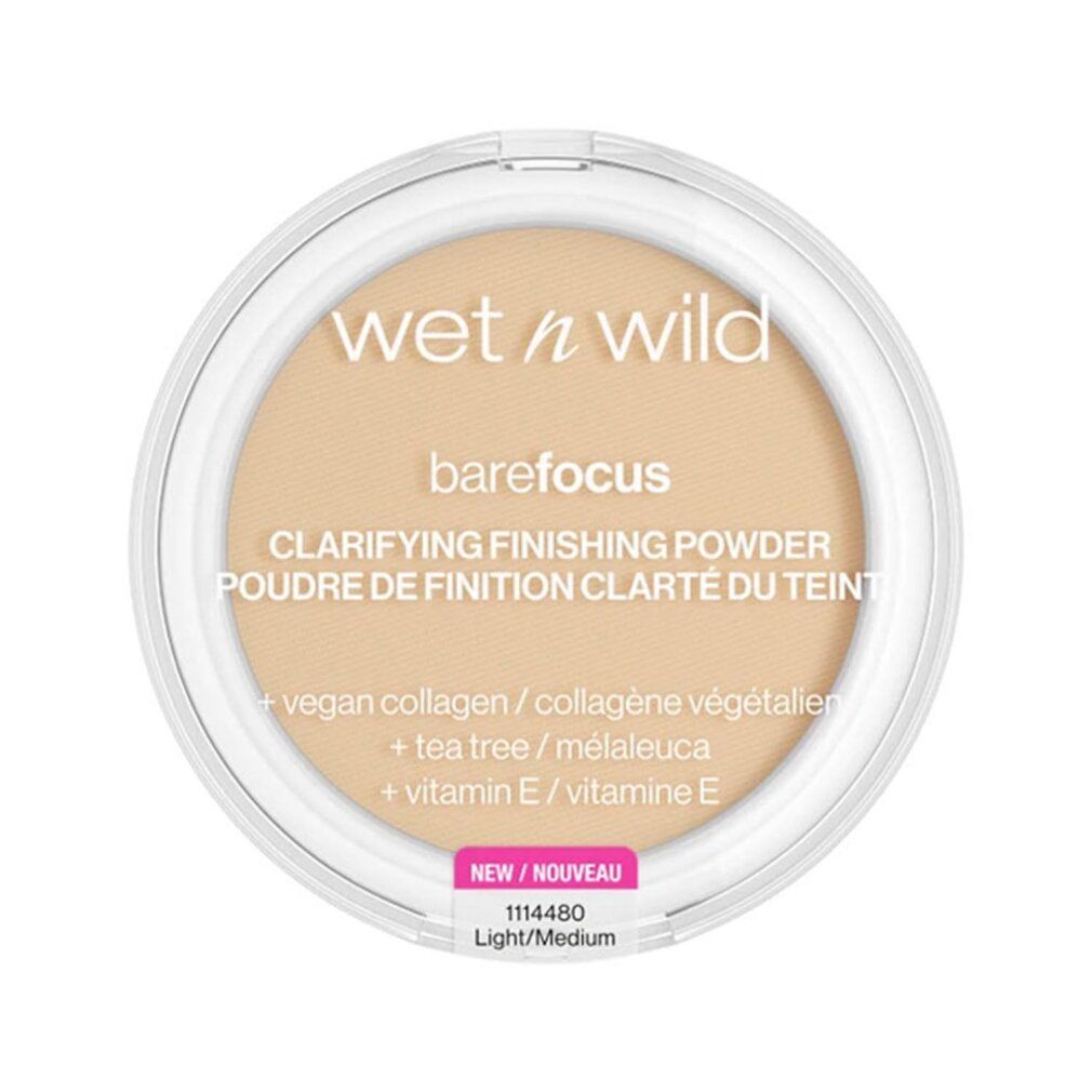 Runder Puderbehälter. Aufschrift: Wet n Wild, barefocus, Clarifying Finishing Powder. Farbton: Light/Medium. Vegan Collagen, Tea Tree, Vitamin E.