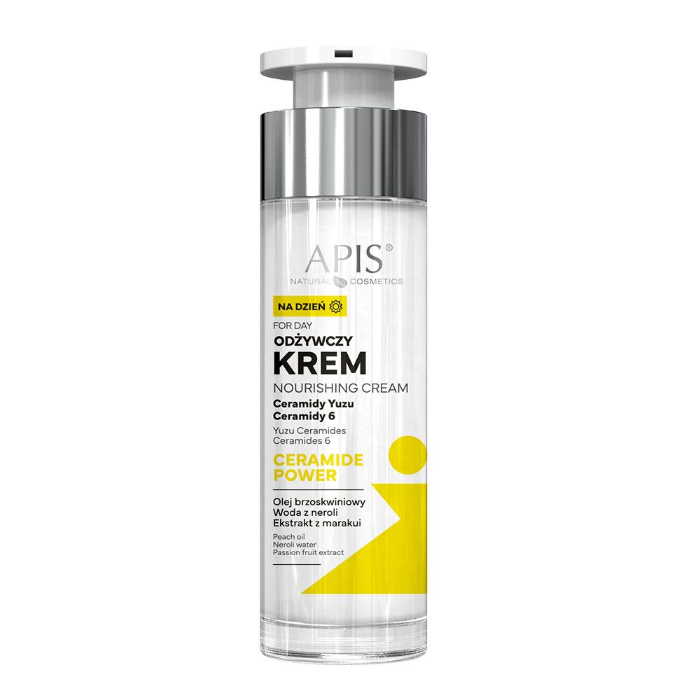 Creme-Flakon mit Pumpe. Text: APIS CERAMIDE POWER, Nährende Tagescreme. Gelb-weiße Grafik. Produktname und Inhaltsstoffe.