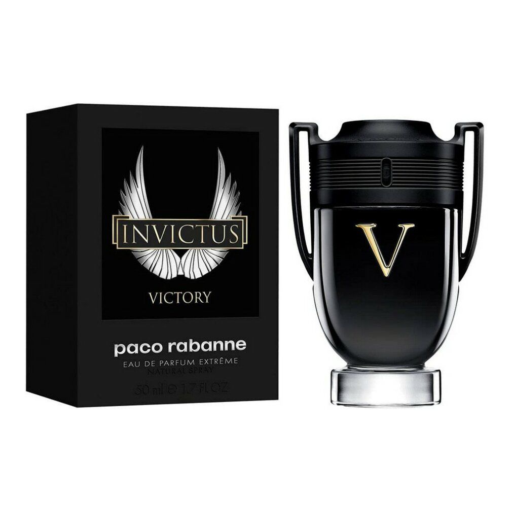 Schwarze Verpackung und Flakon. Flakon in Pokalform mit goldenem "V". Verpackung mit "Invictus Victory"-Logo.