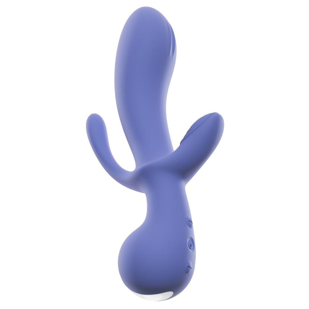 Lila Vibrator mit gebogener Form und zwei Armen. Drei Knöpfe am unteren Ende. Weißer Akzent.