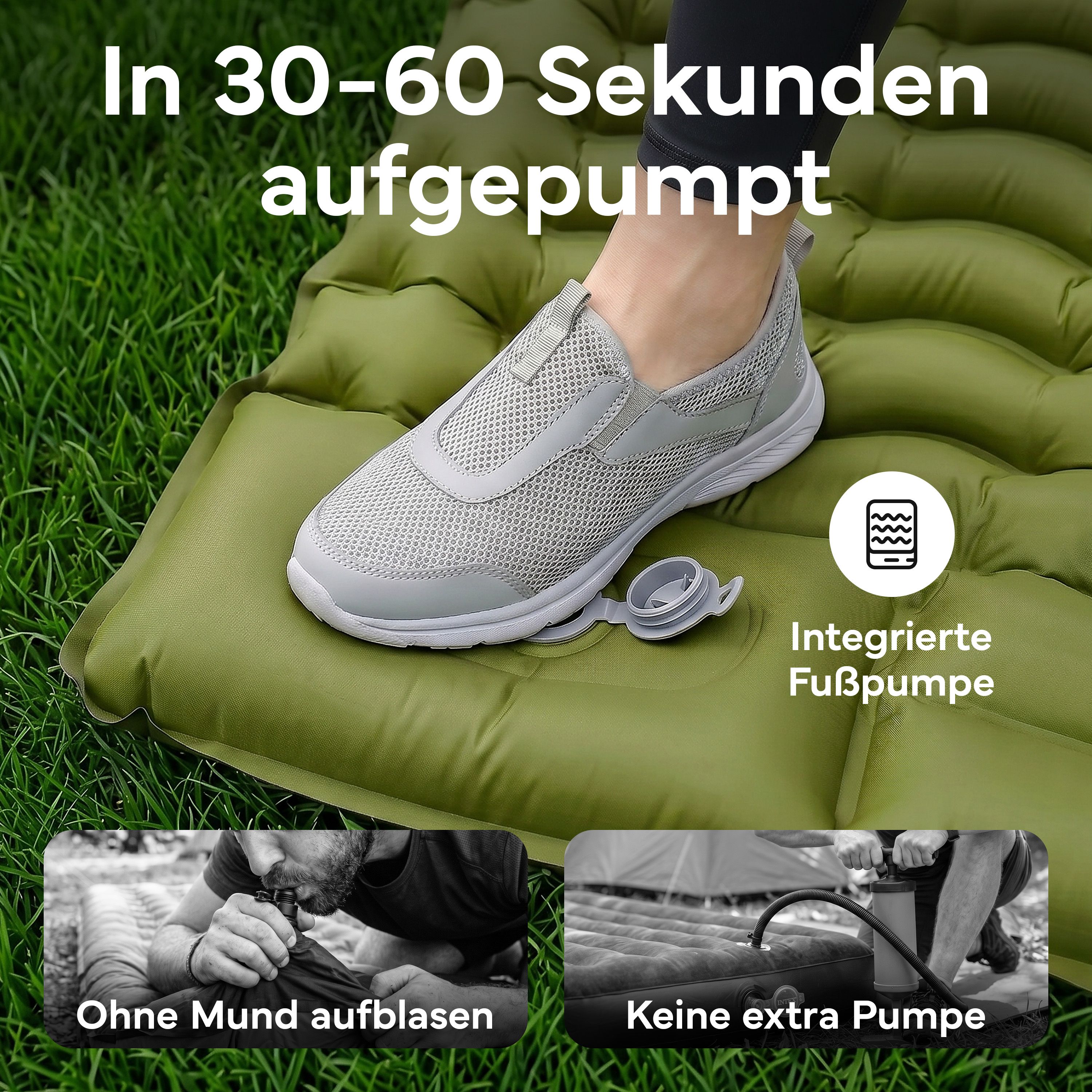 Aufpumpen einer grünen Isomatte mit integrierter Fußpumpe in 30-60 Sekunden. Kein Mund- oder Extrapumpen nötig.