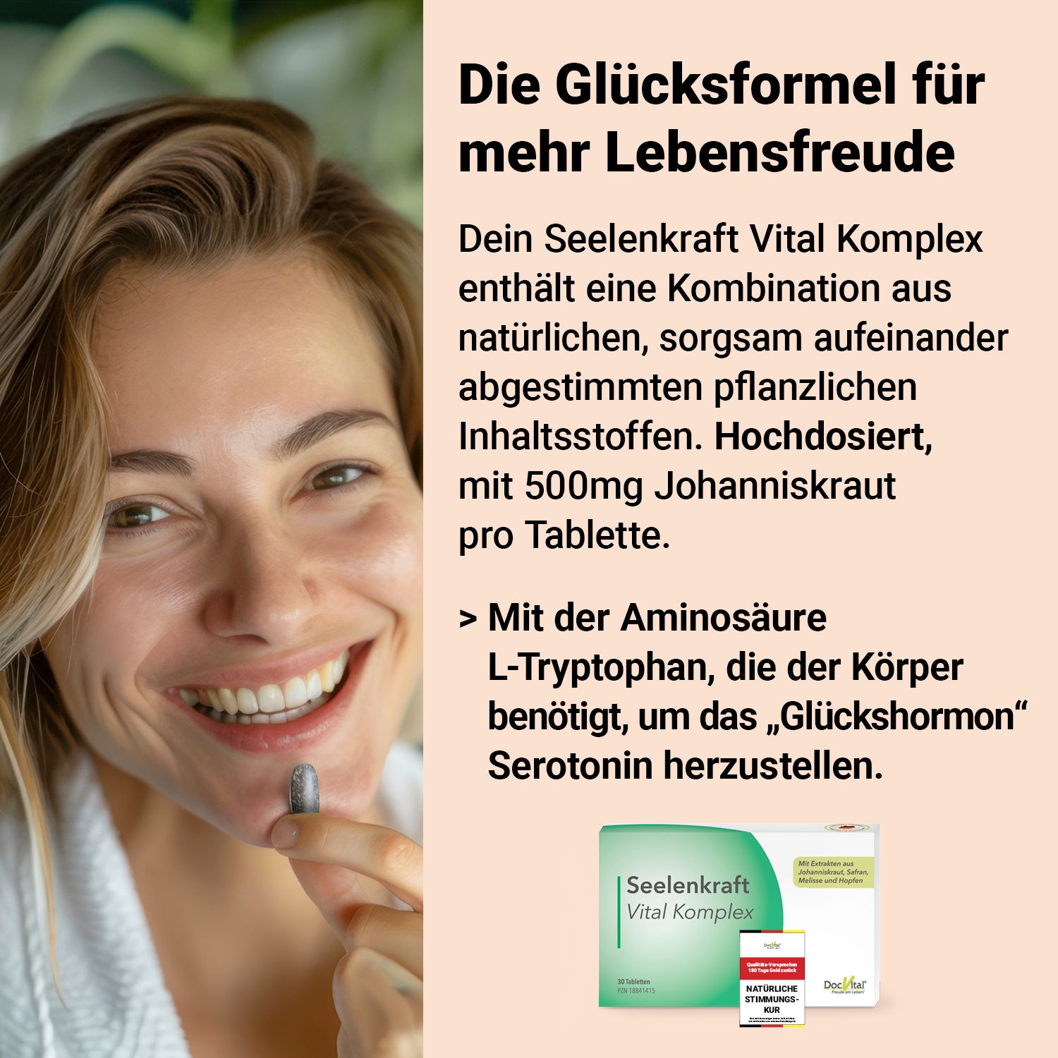 Frau lächelt, hält Tablette. Text: Die Glücksformel für mehr Lebensfreude. Produktverpackung im Hintergrund. Logo: DocVital.