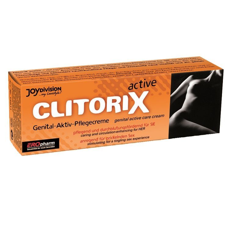 Schachtel ClitoriX active. Text: Genital-Aktiv-Pflegecreme. Logo: EROpharm. Abbildung einer Frau. Orangefarbener Hintergrund.