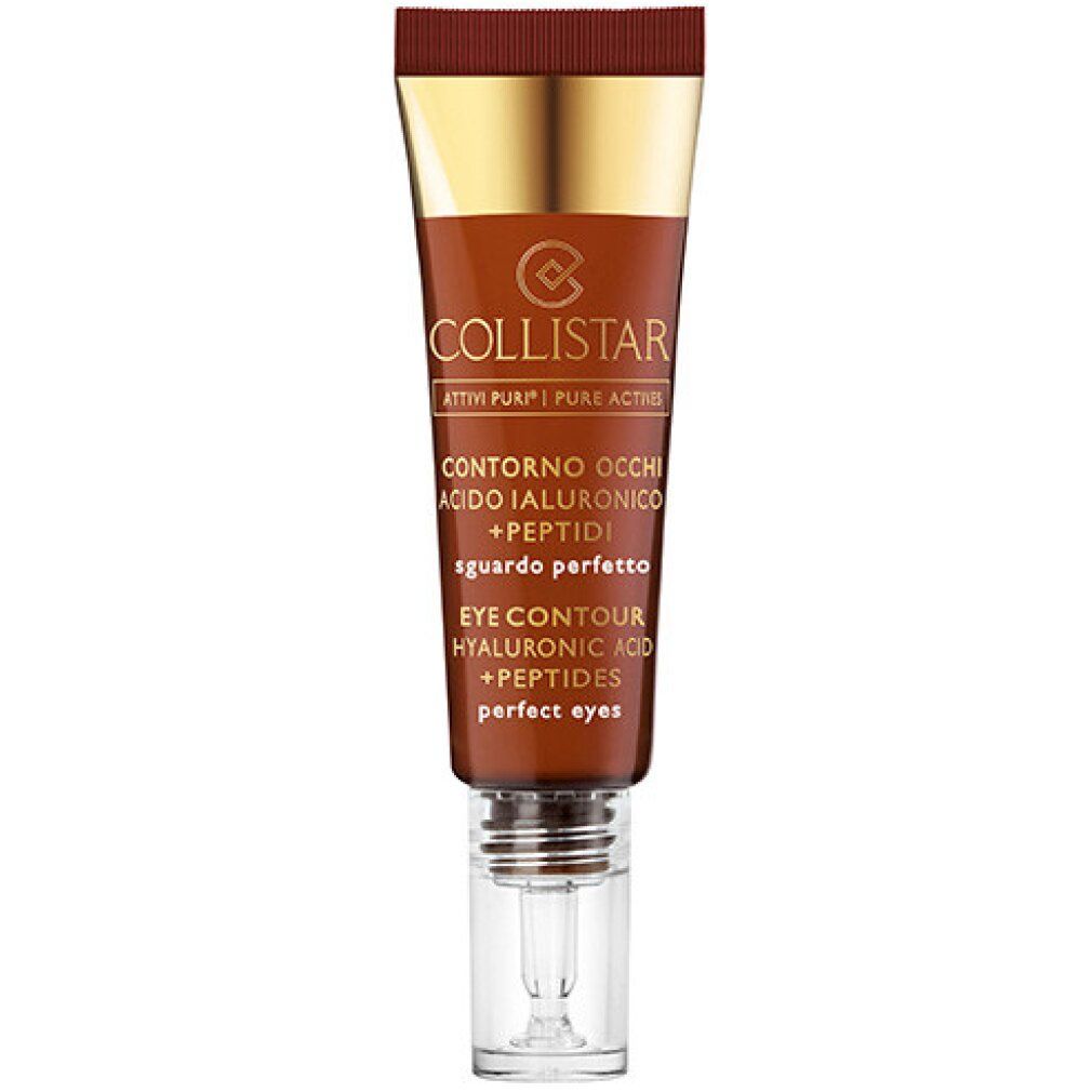 Braune Tube mit goldenem Deckel. Beschriftung: Collistar, Contorno Occhi, Acido Ialuronico + Peptidi, Eye Contour, Hyaluronic Acid + Peptides.