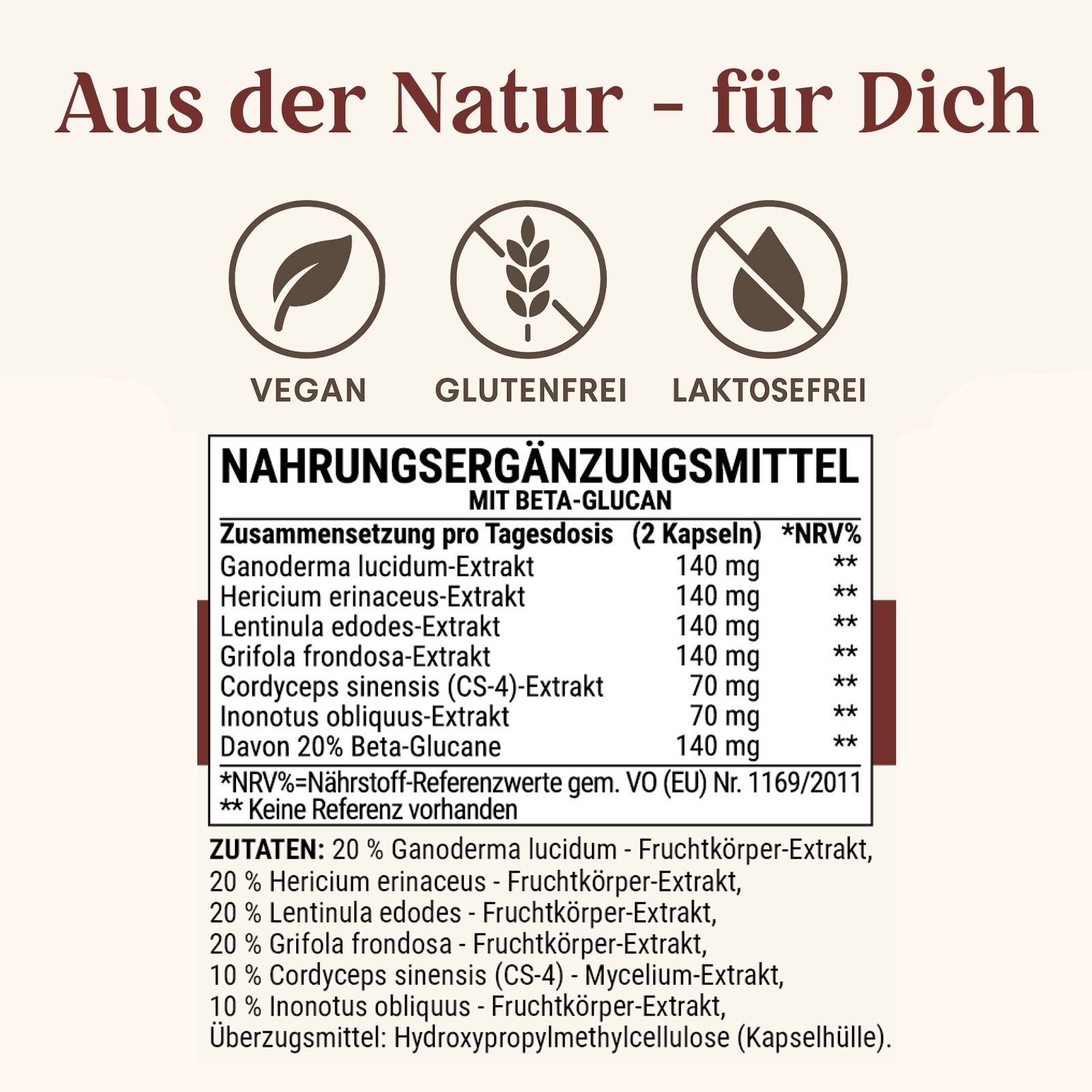 Text-Infografik mit Inhaltsstoffen und Nährwertangaben. Siegel: Vegan, Glutenfrei, Laktosefrei. Enthält Beta-Glucan.