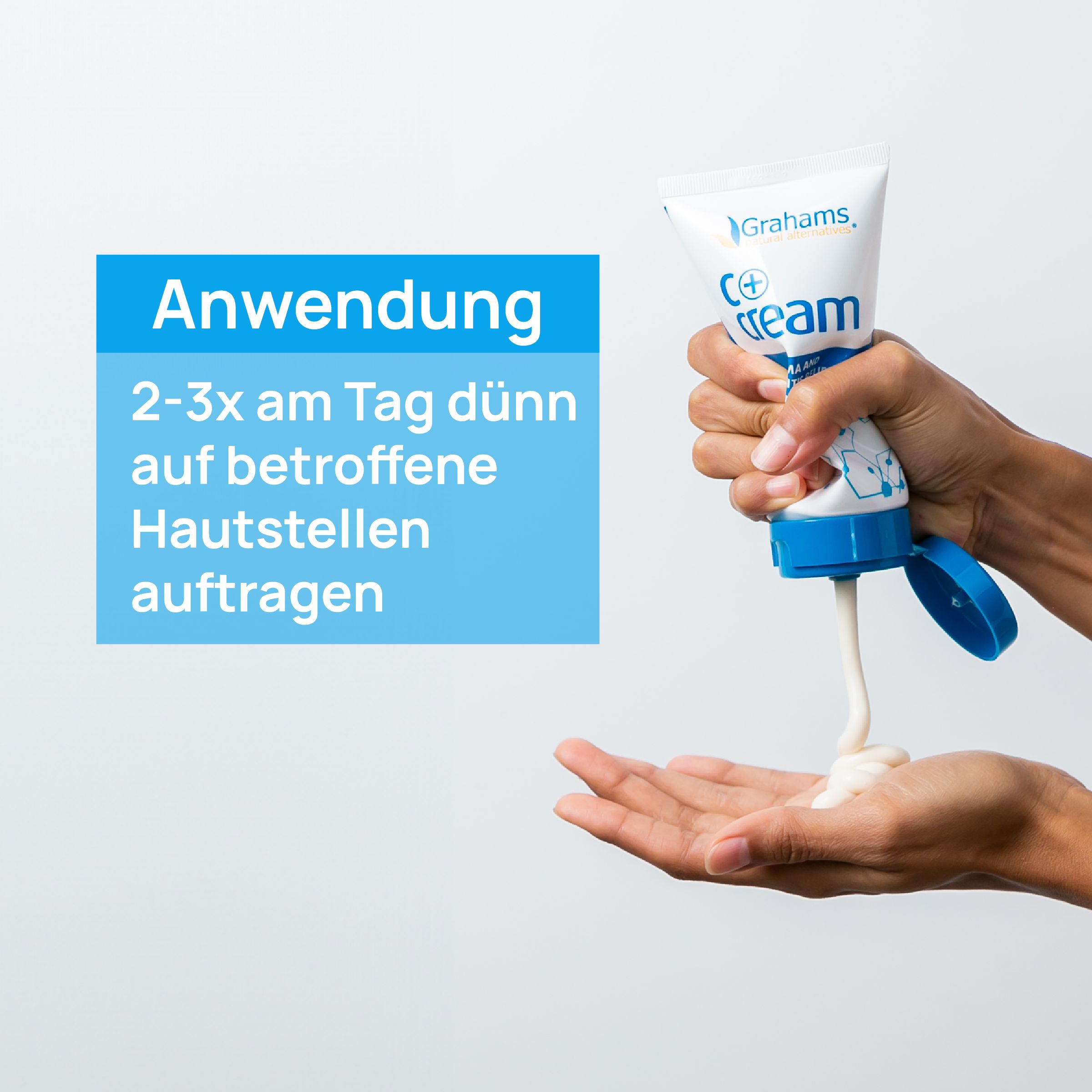 Hand drückt Grahams C+ cream aus Tube. Text: 2-3x täglich dünn auf betroffene Hautstellen auftragen.