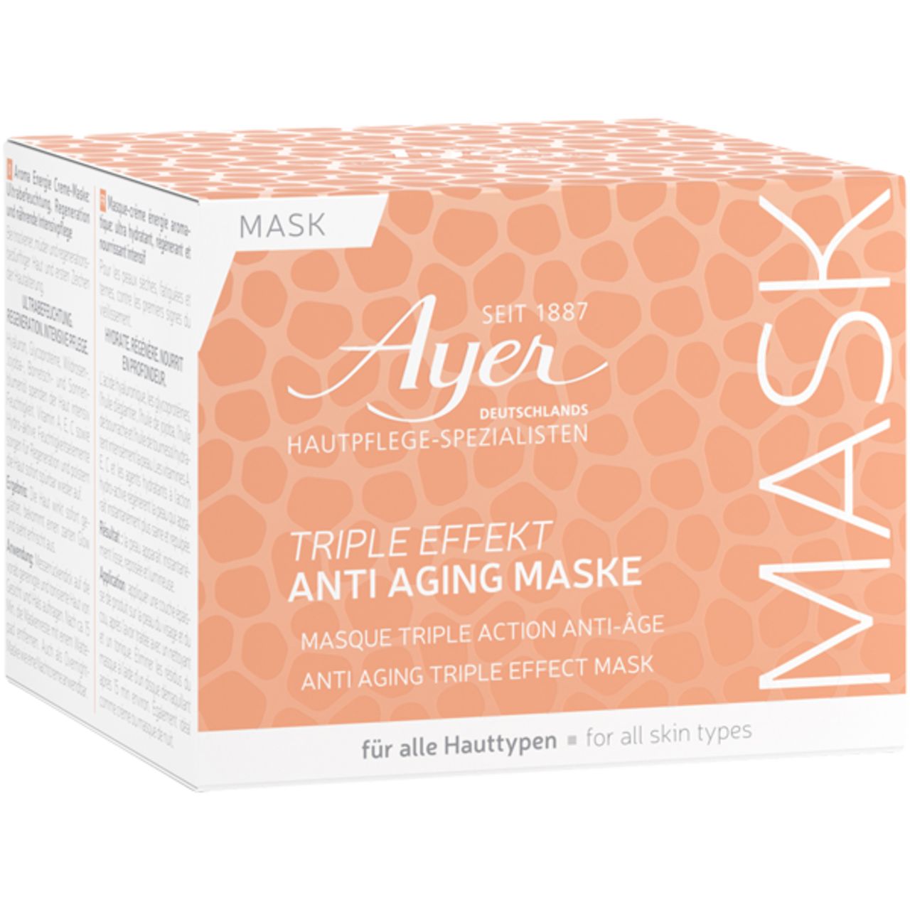 Schachtel mit Aufschrift: Ayer, Triple Effekt Anti Aging Maske. Für alle Hauttypen.
