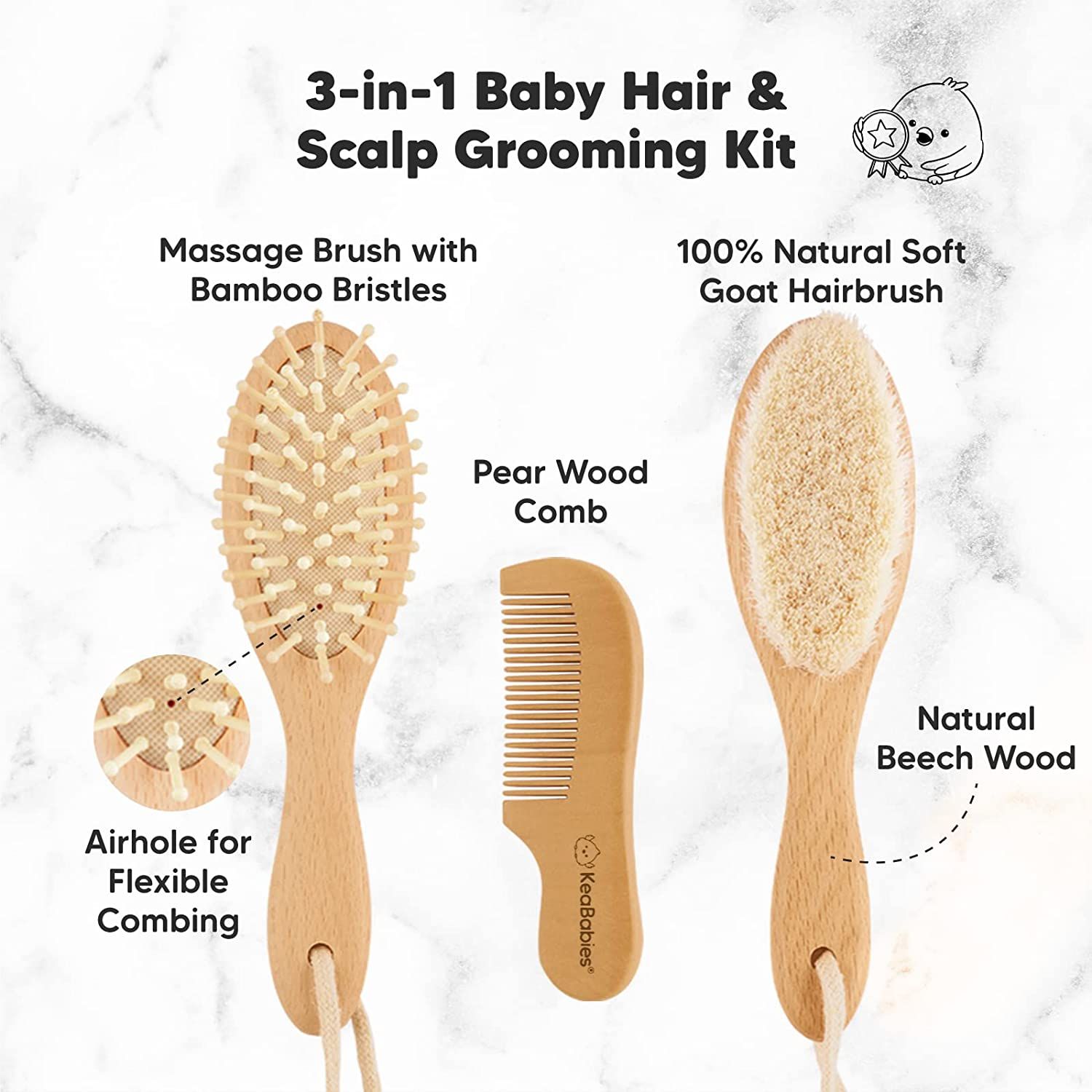 Baby Haarbürste und Baby Kamm Set - Natürliche Holz Babyhaar Haarbürste mit weichen Ziegenborsten