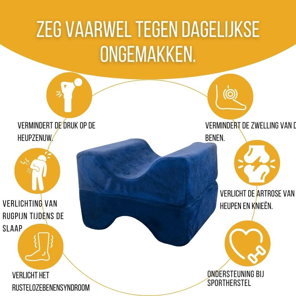 Diagram: voordelen van het kniekussen. Vermindert pijn, zwelling, verlicht artrose, ondersteunt sport.