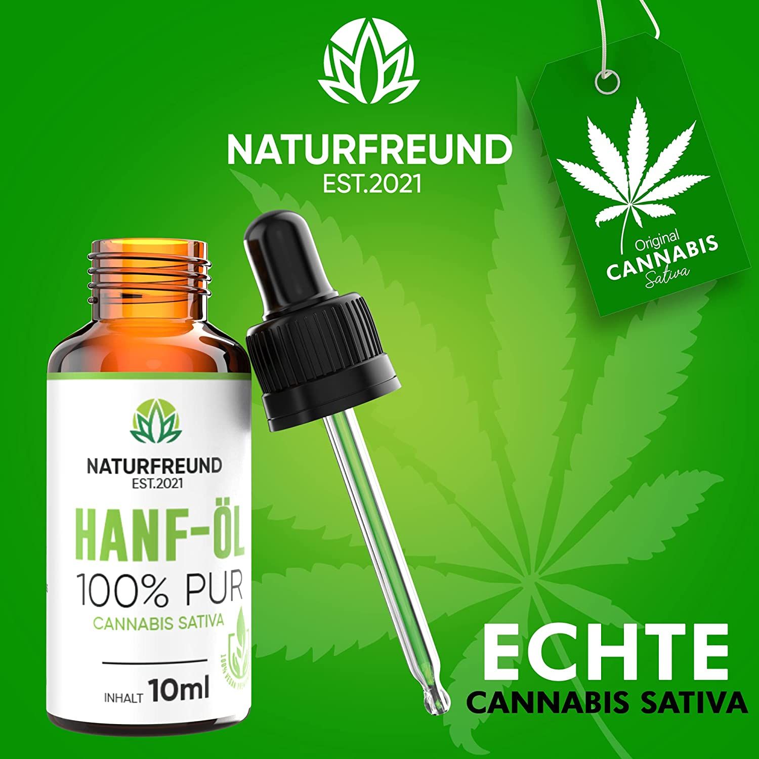 Braune Glasflasche mit Pipette. Etikett mit Logo, Schriftzug HANF-ÖL 100% PUR, Cannabis Sativa und 10ml. Text: ECHTE CANNABIS SATIVA.