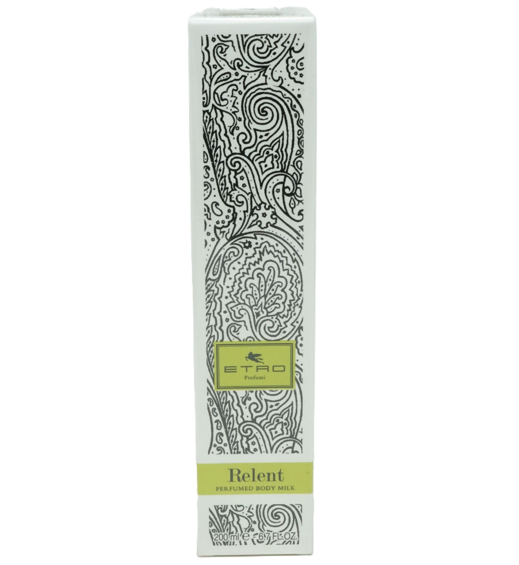 Schmale, weiße Verpackung mit schwarzem Muster. Logo: Etro Profumi. Text: Relent, Perfumed Body Milk.