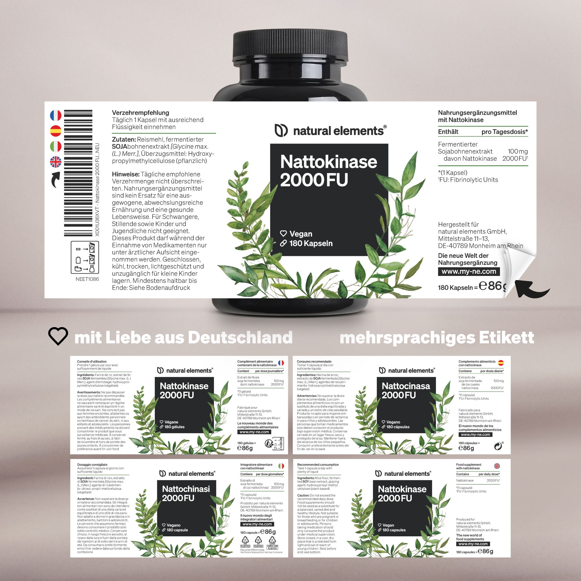 natural elements Nattokinase – 180 hochdosierte Kapseln je 100mg (20.000 FU/g) – ohne Gentechnik