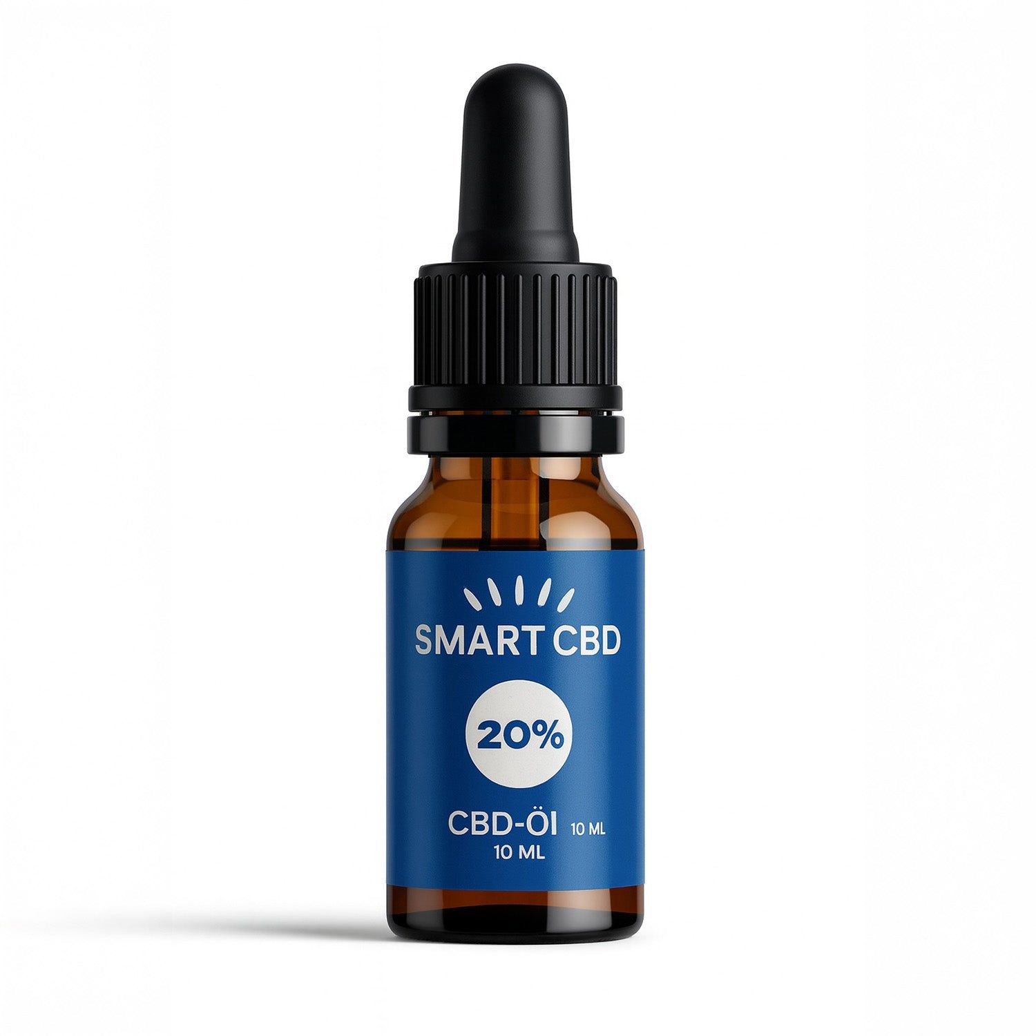 Braune Glasflasche mit schwarzem Deckel und Pipette. Blaues Etikett mit "SMART CBD 20%" und "CBD-Öl 10 ML".